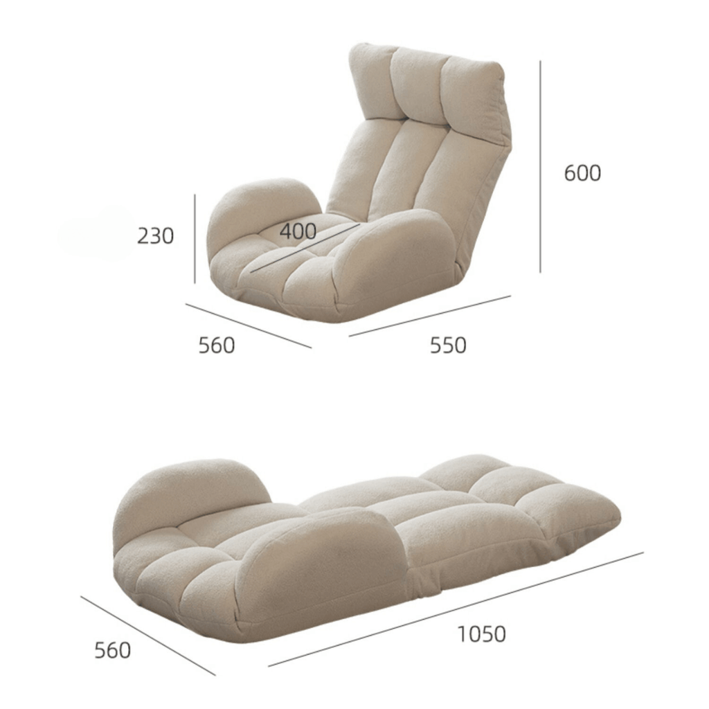 Off white foldable kids' sofa chair with teddy fleece and tatami design dimensions