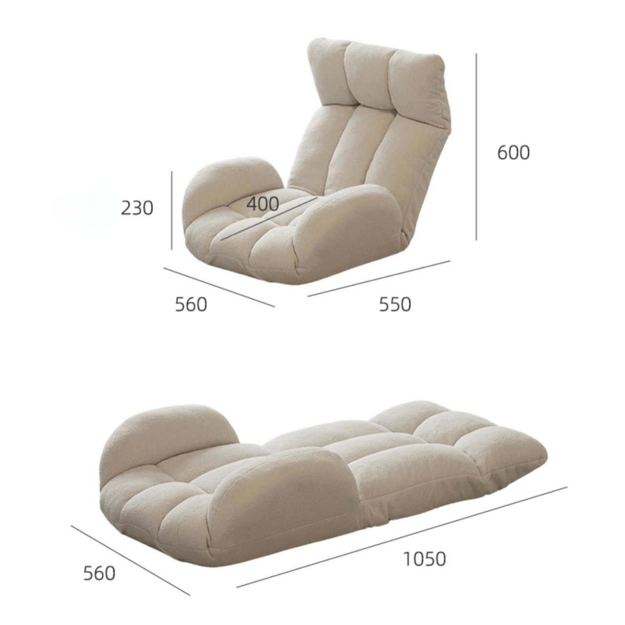 Off white foldable kids' sofa chair with teddy fleece and tatami design dimensions