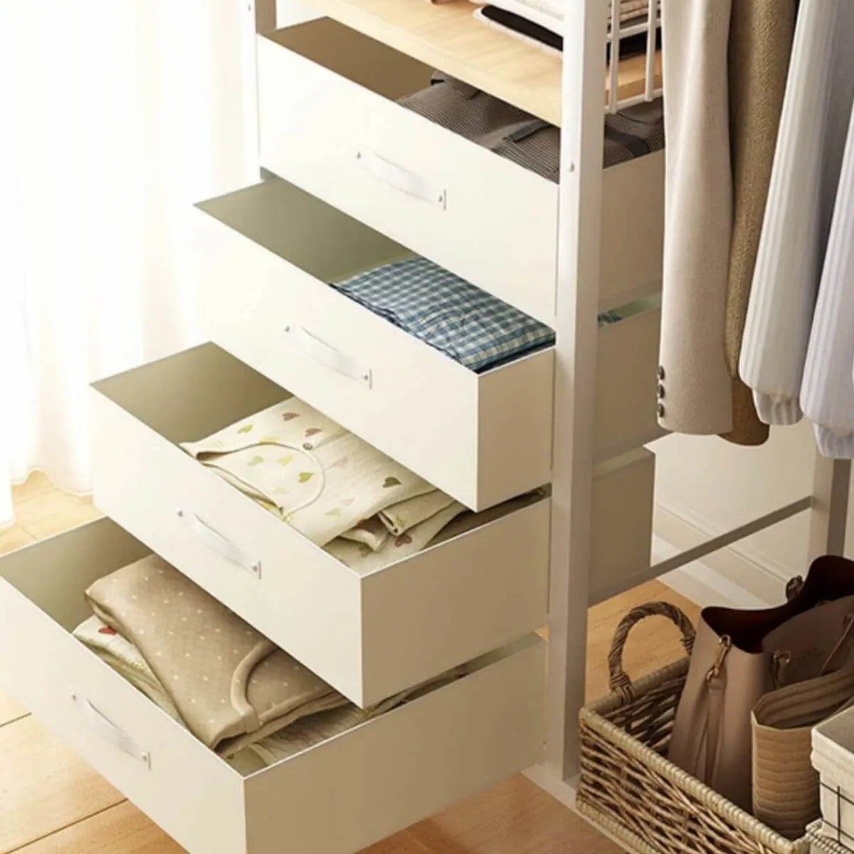 Open Metal Wardrobe Armoire With Shelves, Rod and Drawer Options