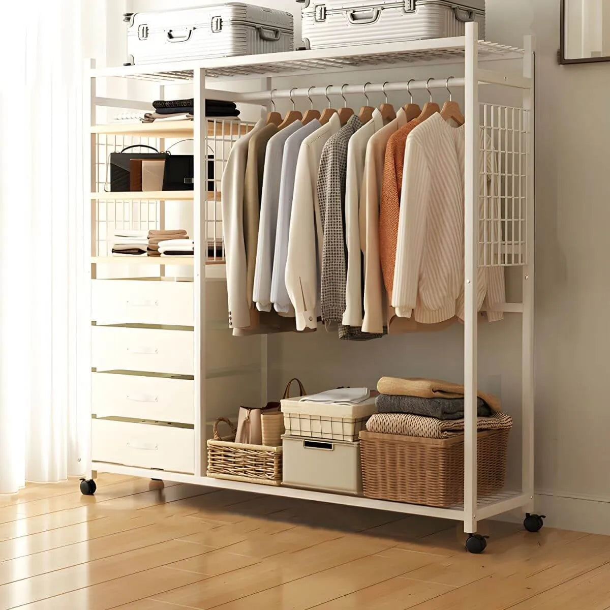 Open Metal Wardrobe Armoire With Shelves, Rod and Drawer Options
