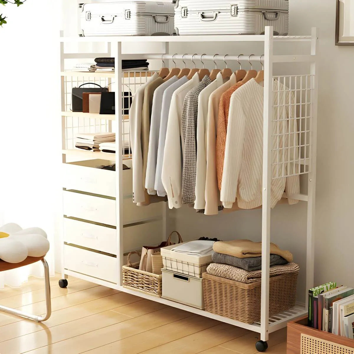 Open Metal Wardrobe Armoire With Shelves, Rod and Drawer Options