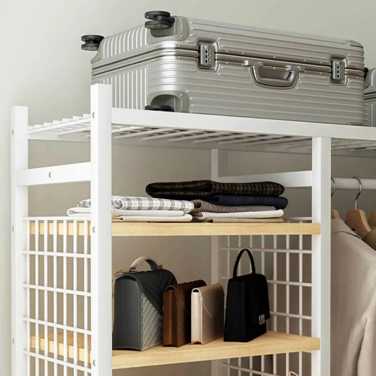 Open Metal Wardrobe Armoire With Shelves, Rod and Drawer Options