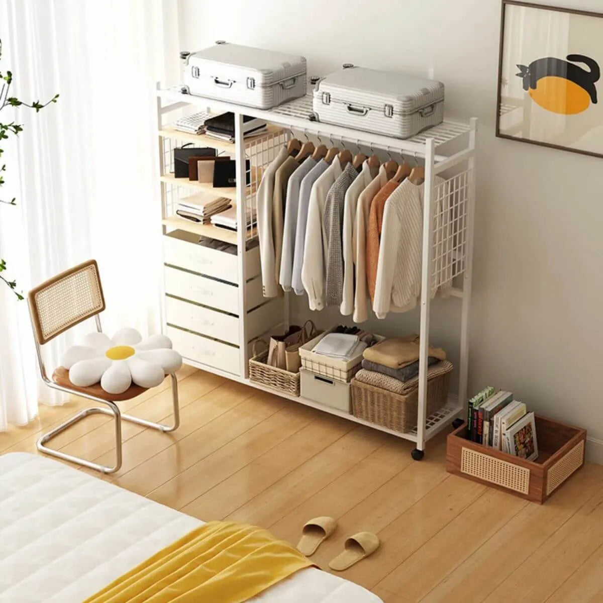 Open Metal Wardrobe Armoire With Shelves, Rod and Drawer Options