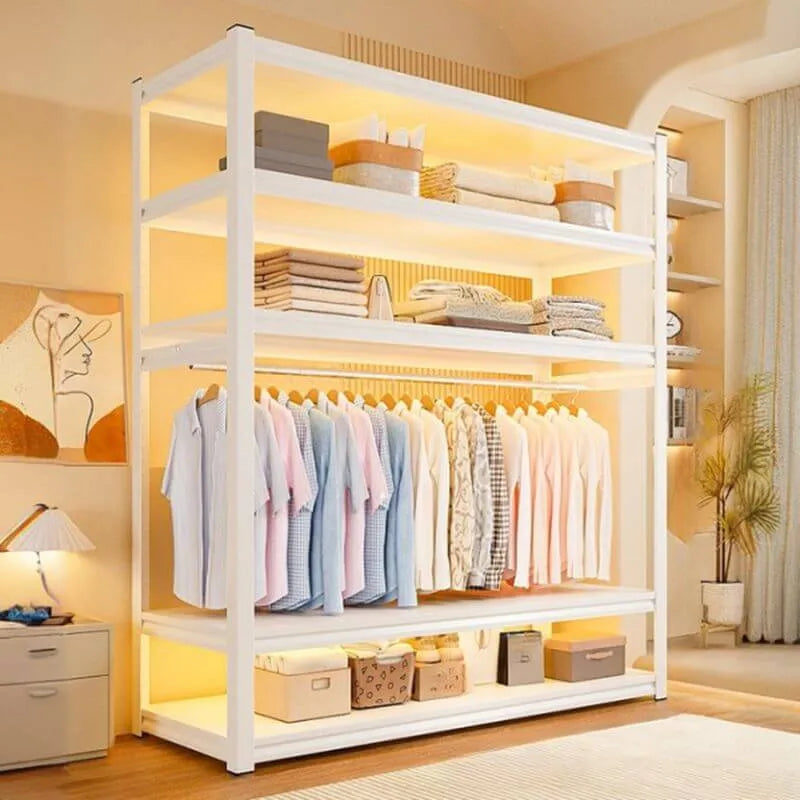 Open Steel Wardrobe System With Shelves for Airy Bedroom Storage