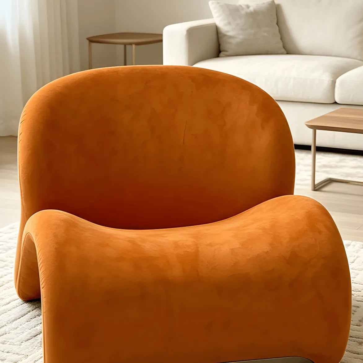 Orange Sculptural Suede Accent Armchair with Solid Wood Frame