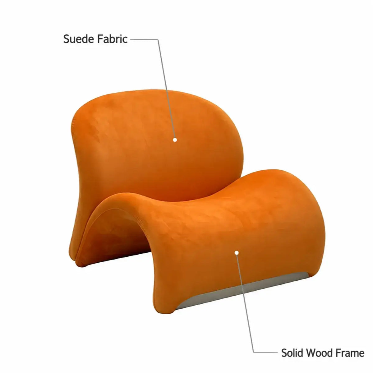 Orange Sculptural Suede Accent Armchair with Solid Wood Frame