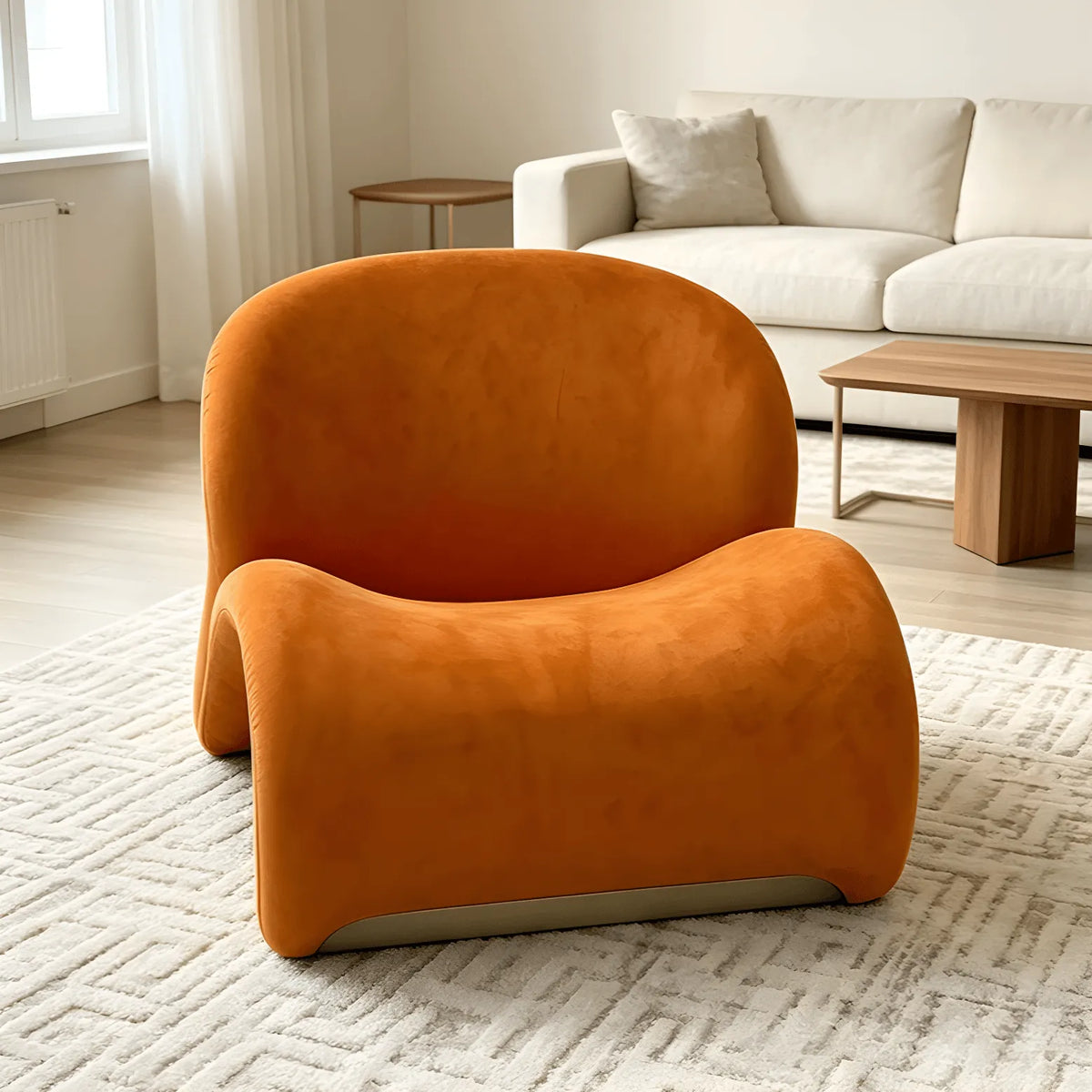 Orange Sculptural Suede Accent Armchair with Solid Wood Frame