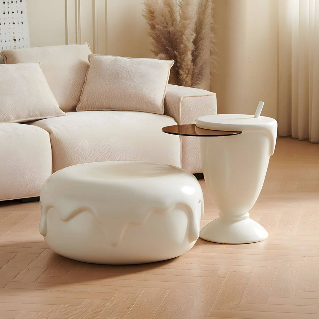 Organic-Shaped Fiberglass Coffee Table Collection – Minimalist Drum Base