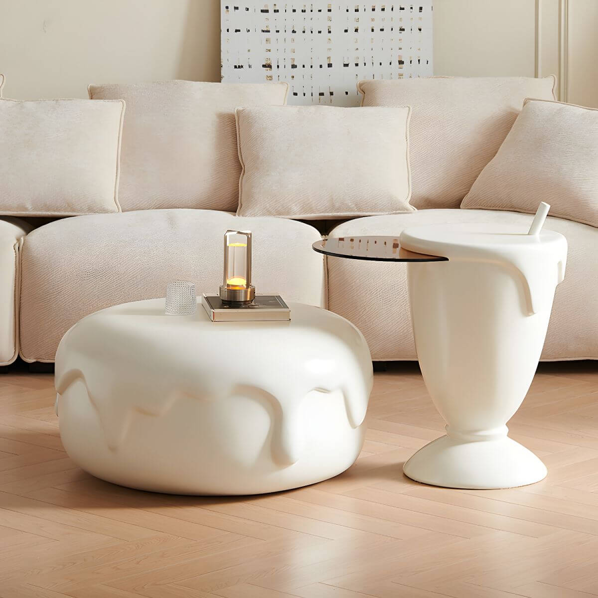 Organic-Shaped Fiberglass Coffee Table Collection – Minimalist Drum Base Main Product Image