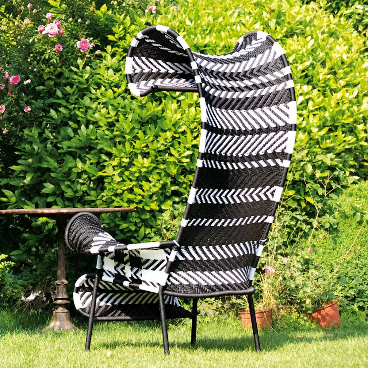 Outdoor Sculptural Woven Lounge Seating and Tables Series, Dramatic High-Back Patio Set