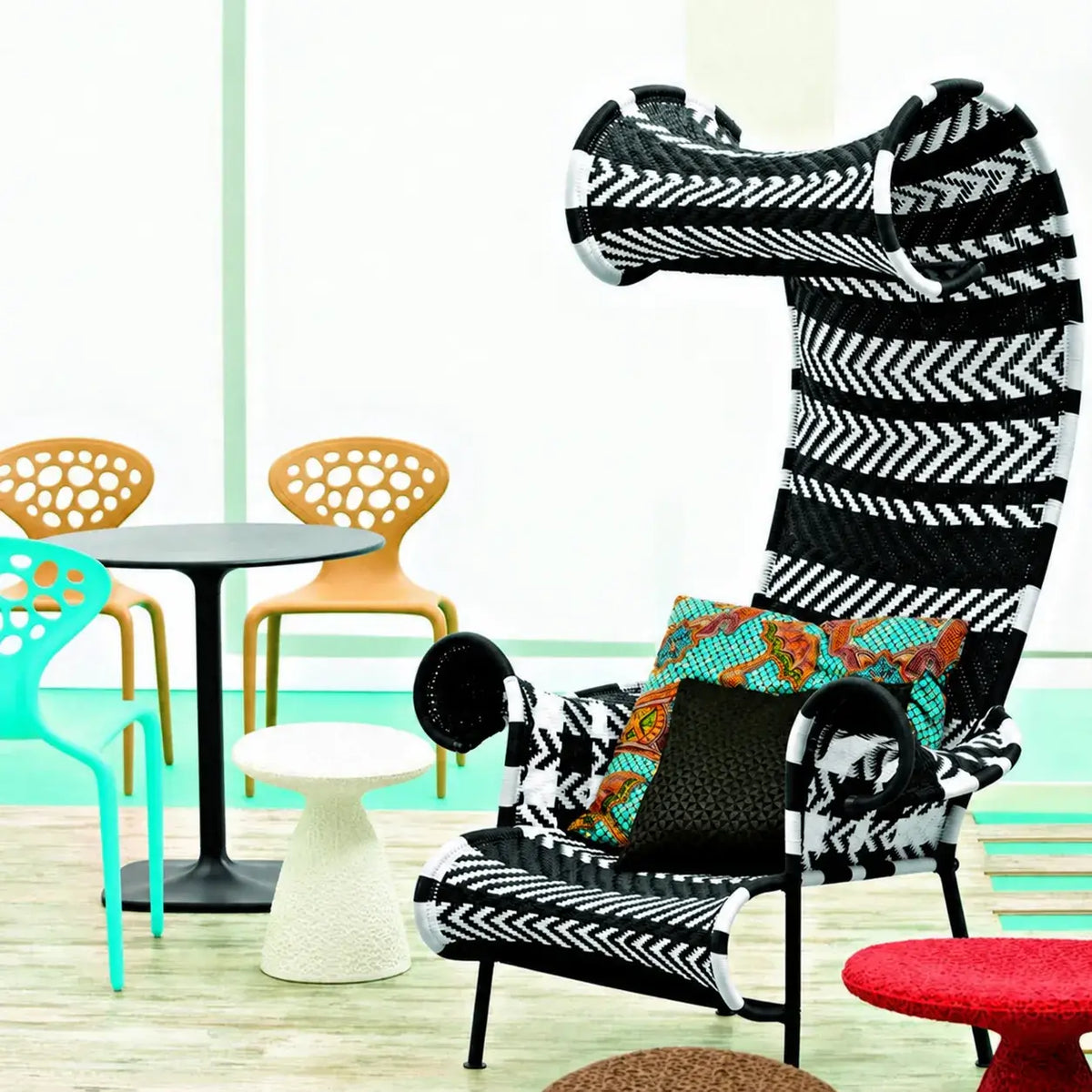 Outdoor Sculptural Woven Lounge Seating and Tables Series, Dramatic High-Back Patio Set