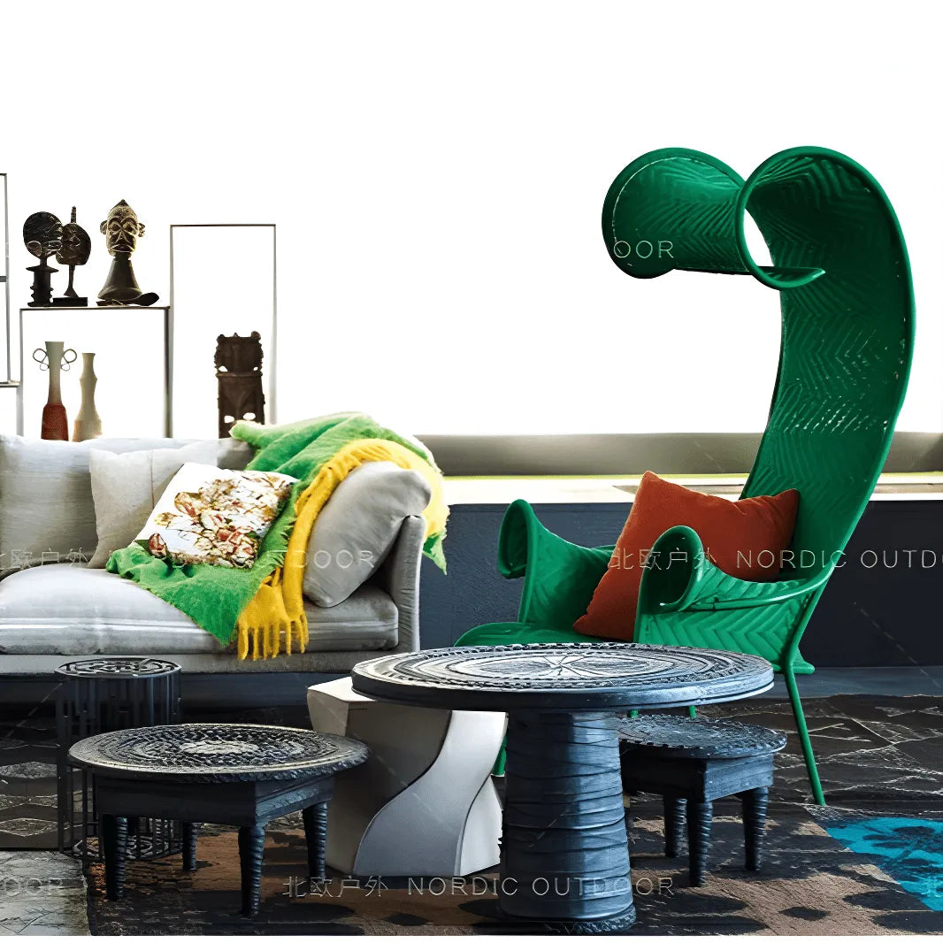 Outdoor Sculptural Woven Lounge Seating and Tables Series, Dramatic High-Back Patio Set