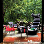 Outdoor Sculptural Woven Lounge Seating and Tables Series, Dramatic High-Back Patio Set