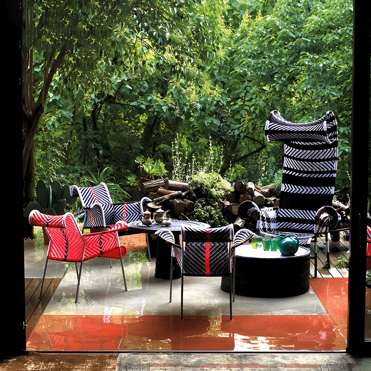 Outdoor Sculptural Woven Lounge Seating and Tables Series, Dramatic High-Back Patio Set