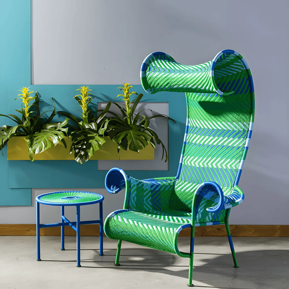 Outdoor Sculptural Woven Lounge Seating and Tables Series, Dramatic High-Back Patio Set