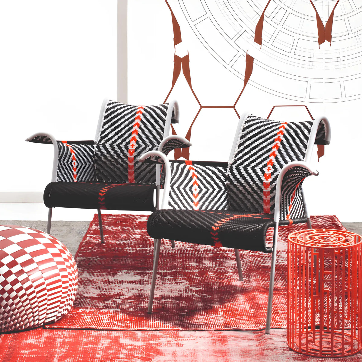 Outdoor Sculptural Woven Lounge Seating and Tables Series, Dramatic High-Back Patio Set