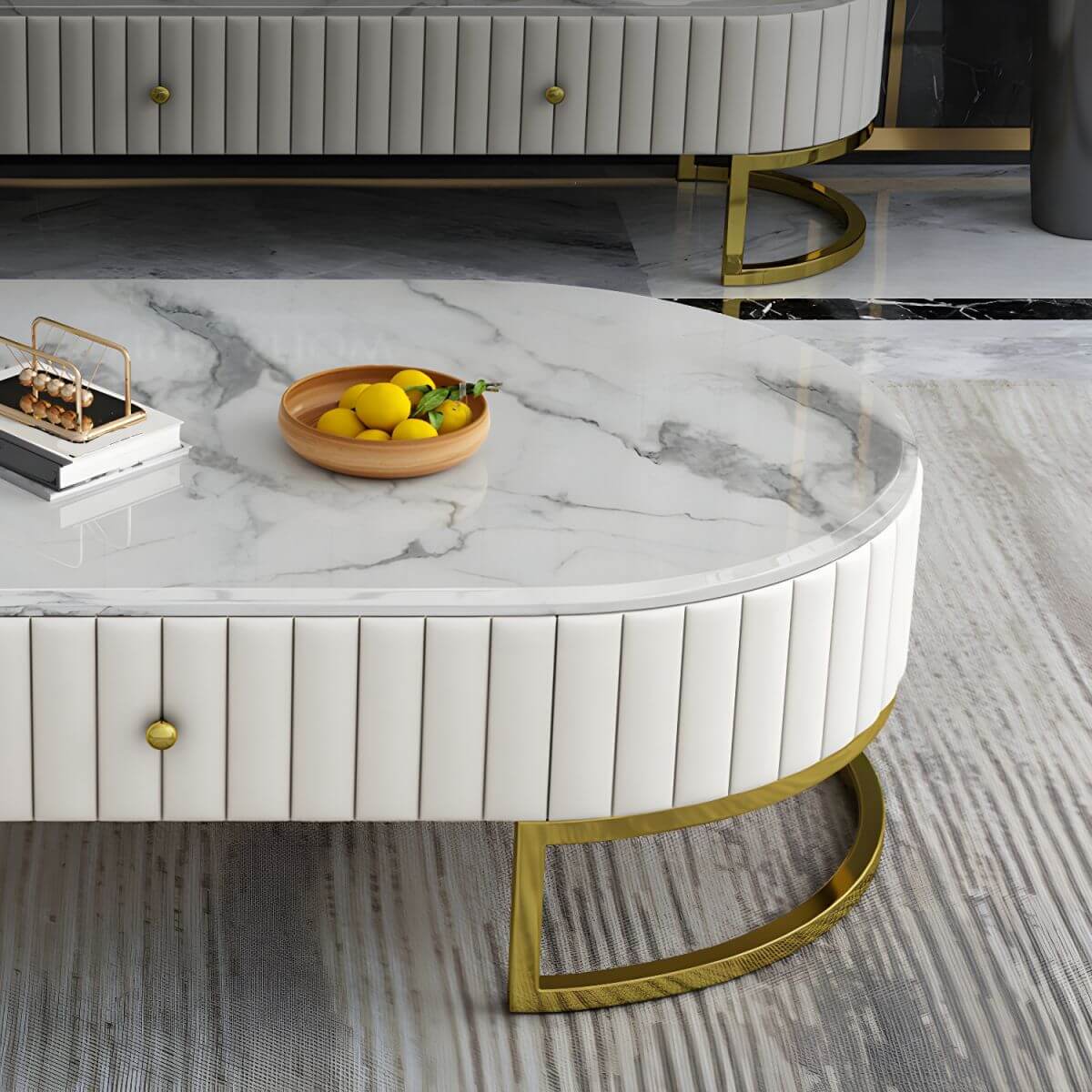 Oval Stone Top Coffee Table with Gold Metal Base and Drawer
