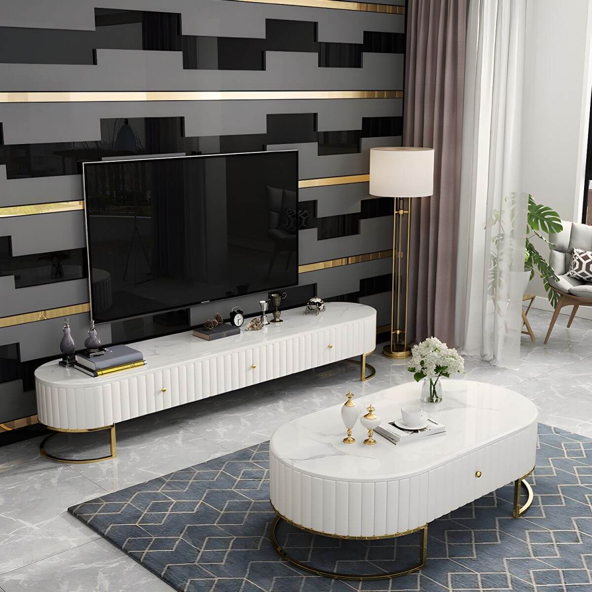 Oval Stone Top Coffee Table with Gold Metal Base and Drawer