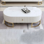 Oval Stone Top Coffee Table with Gold Metal Base and Drawer Main Product Image