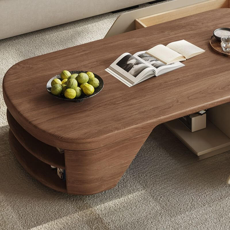 Oval Travertine Top Coffee Table with Extendable Base and Storage