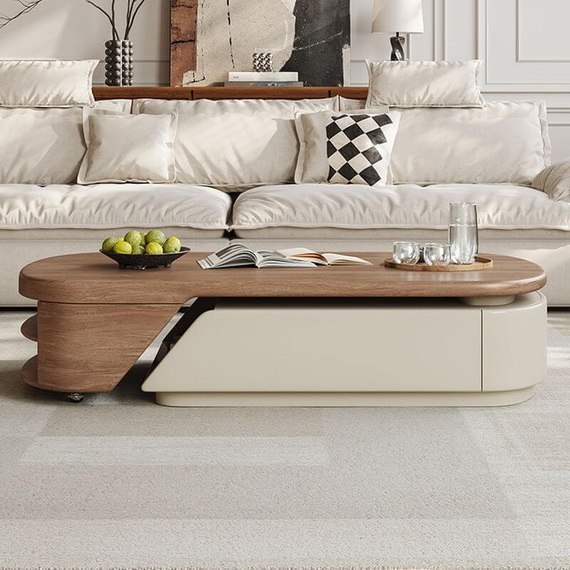 Oval Travertine Top Coffee Table with Extendable Base and Storage