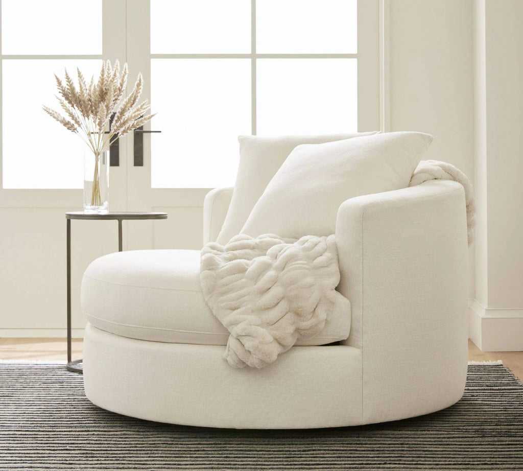 Oversized Circle Swivel Cuddle Chair in Textured Linen-Blend Fabric
