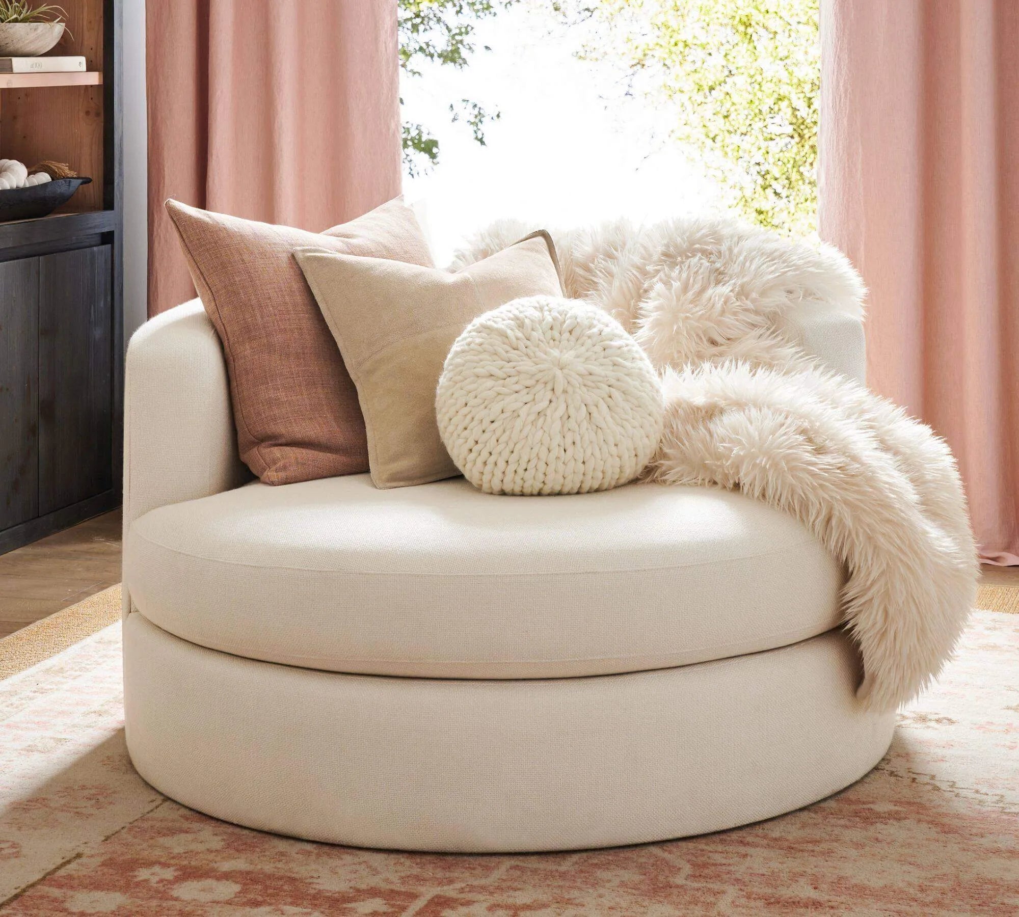 Oversized Circle Swivel Cuddle Chair in Textured Linen-Blend Fabric Main Product Image Main image