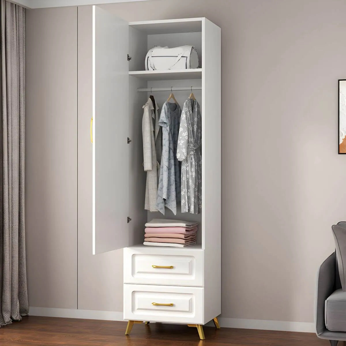 Paneled White Wardrobe Armoire With Gold Legs And Soft-Close