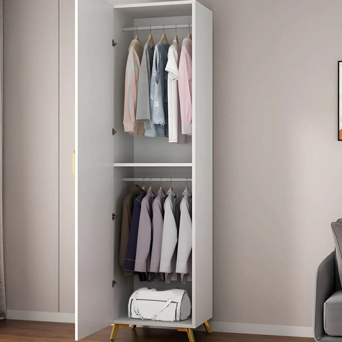 Paneled White Wardrobe Armoire With Gold Legs And Soft-Close