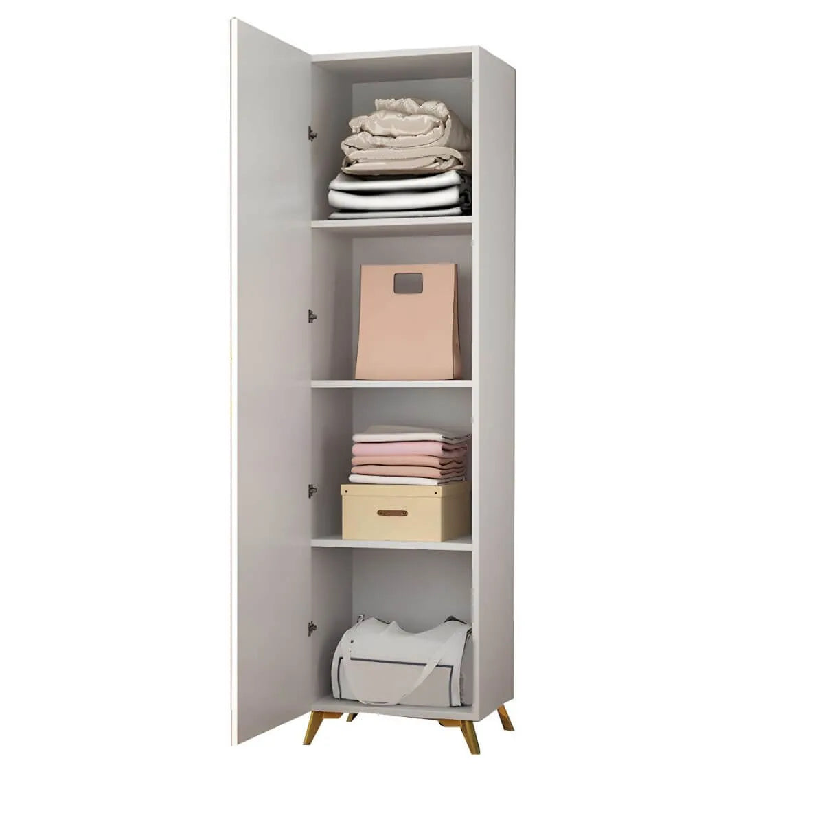 Paneled White Wardrobe Armoire With Gold Legs And Soft-Close