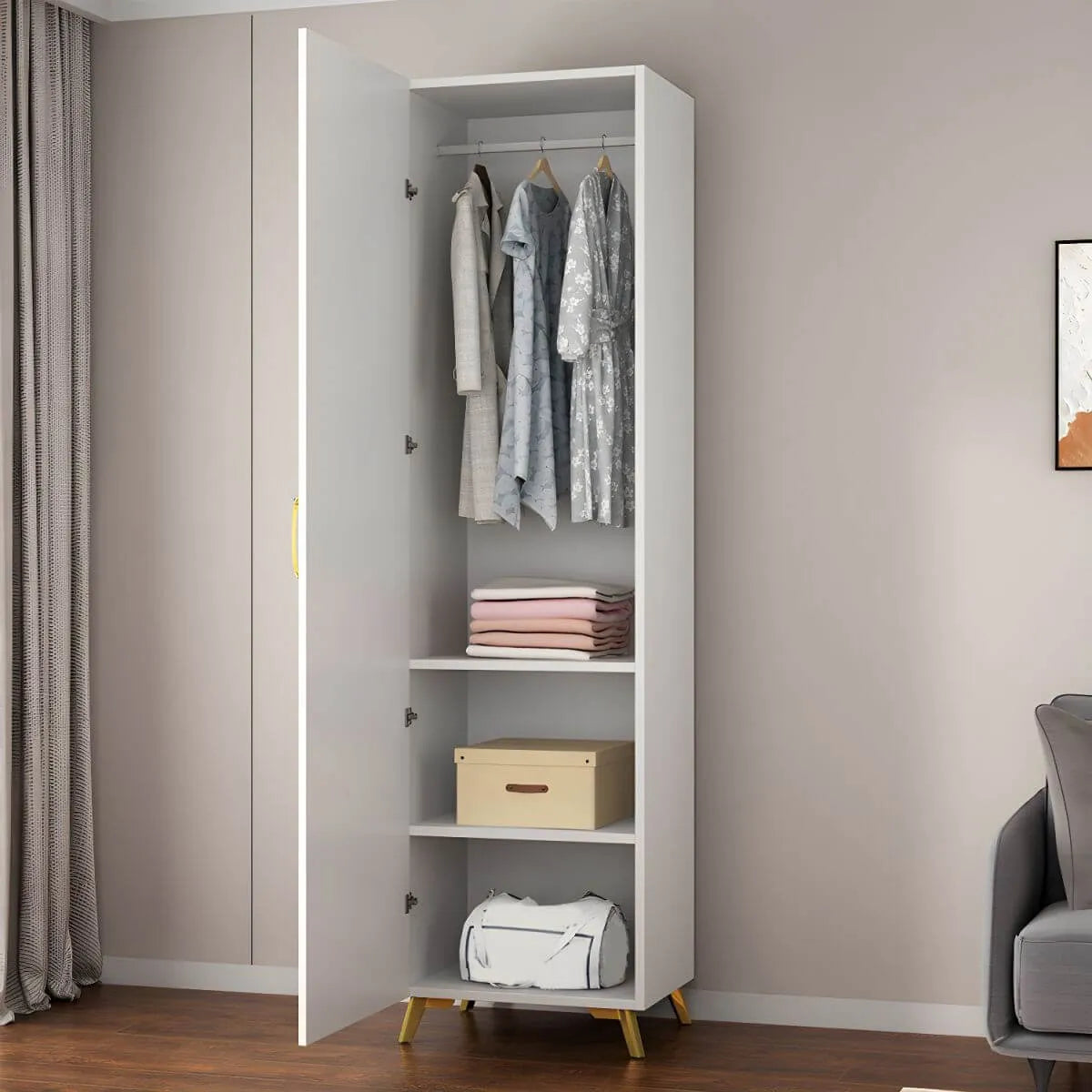 Paneled White Wardrobe Armoire With Gold Legs And Soft-Close