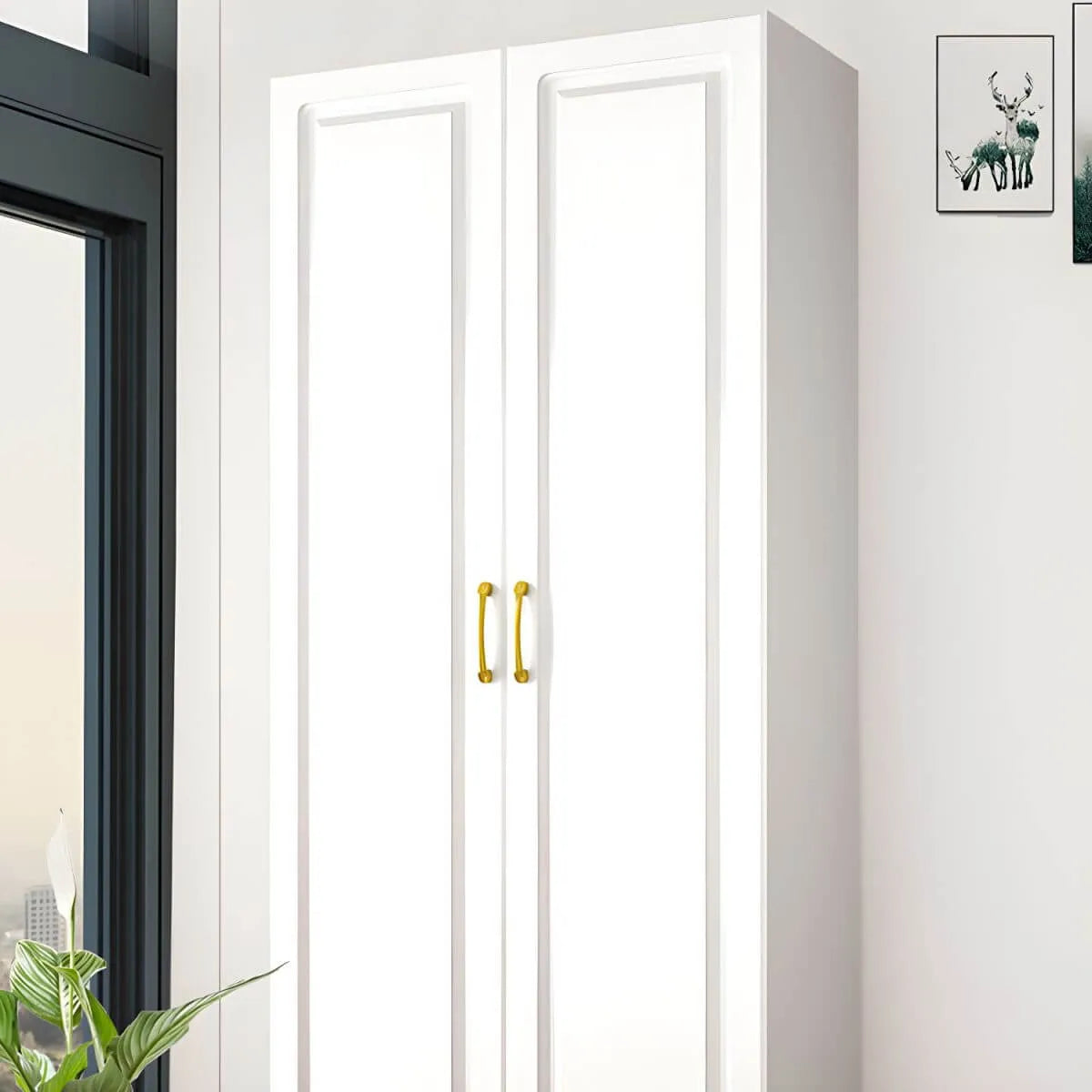 Paneled White Wardrobe Armoire With Gold Legs And Soft-Close