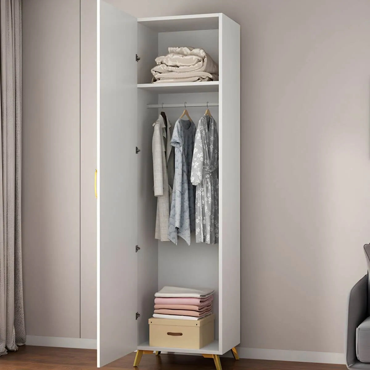 Paneled White Wardrobe Armoire With Gold Legs And Soft-Close