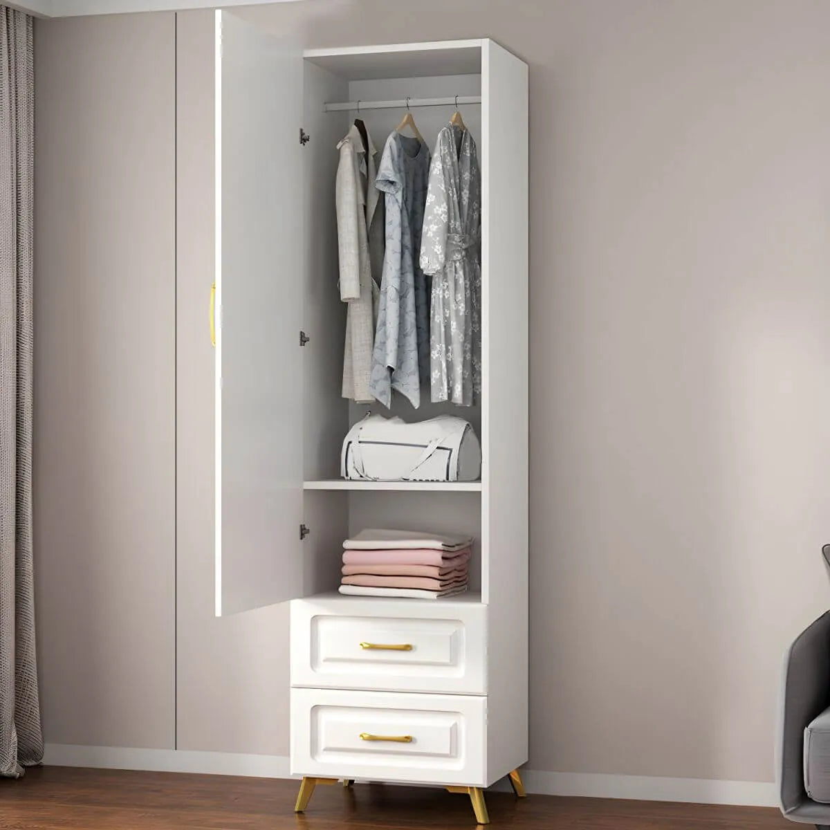 Paneled White Wardrobe Armoire With Gold Legs And Soft-Close