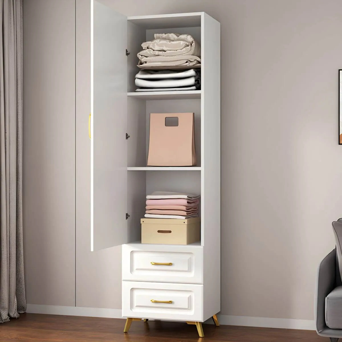 Paneled White Wardrobe Armoire With Gold Legs And Soft-Close