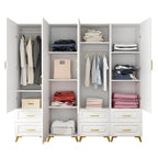 Paneled White Wardrobe Armoire With Gold Legs And Soft-Close