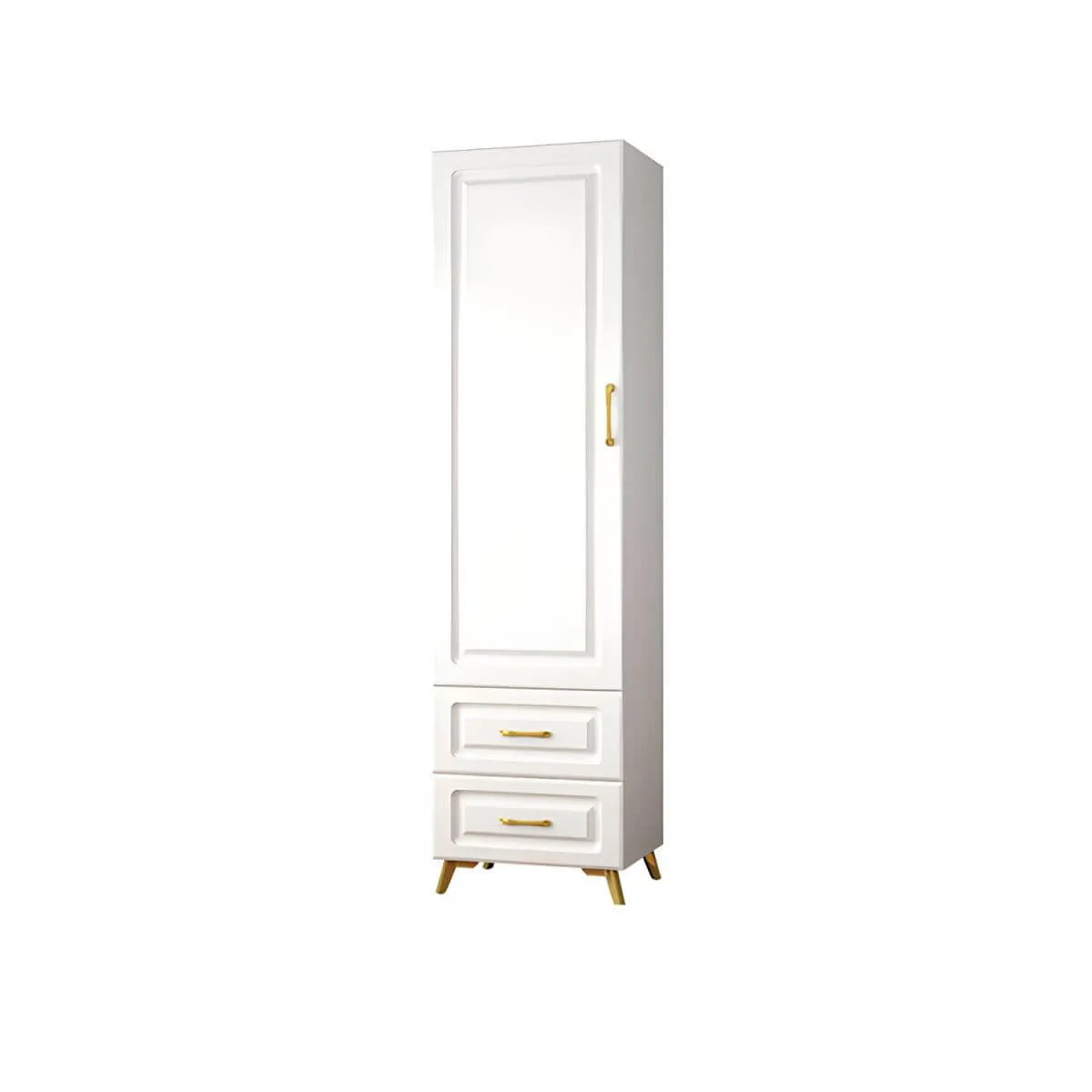 Paneled White Wardrobe Armoire With Gold Legs And Soft-Close