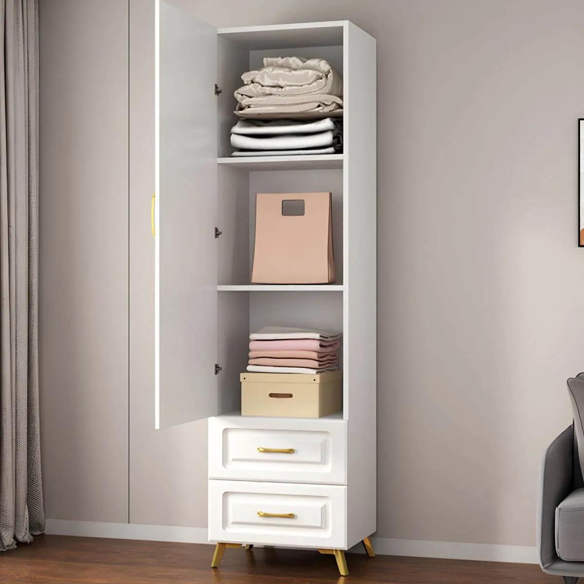 Paneled White Wardrobe Armoire With Gold Legs And Soft-Close