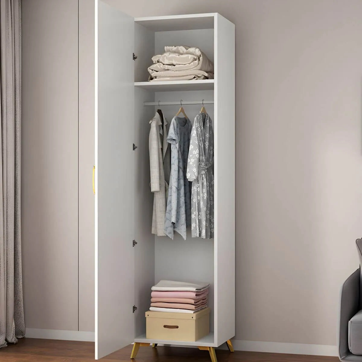 Paneled White Wardrobe Armoire With Gold Legs And Soft-Close