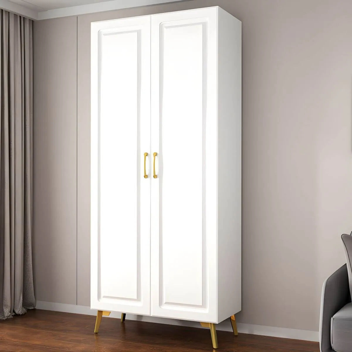 Paneled White Wardrobe Armoire With Gold Legs And Soft-Close Main Product Image