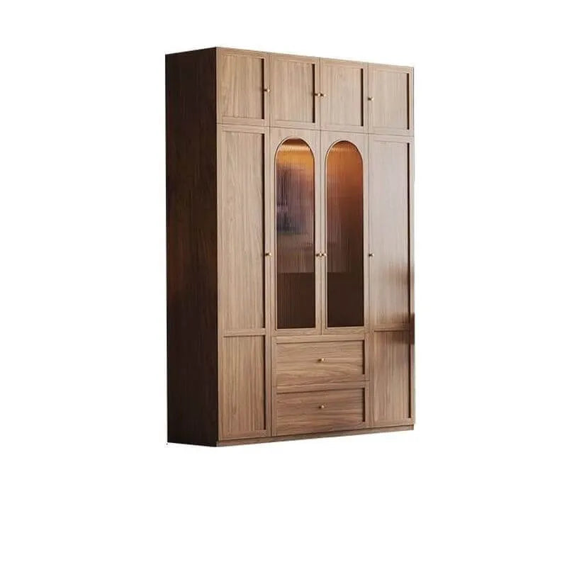 Paneled Wood Wardrobe Wall Armoire With Fluted Glass Storage
