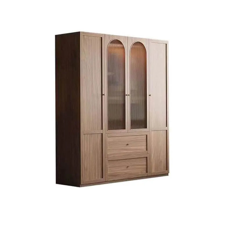 Paneled Wood Wardrobe Wall Armoire With Fluted Glass Storage