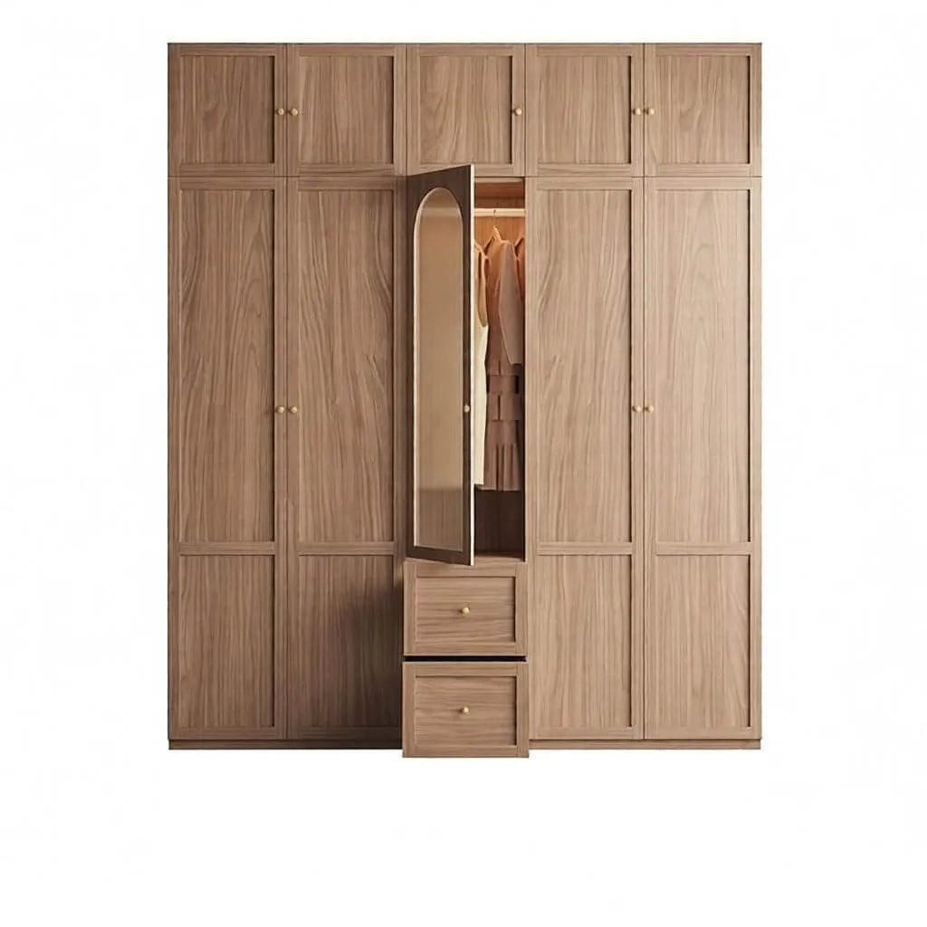 Paneled Wood Wardrobe Wall Armoire With Fluted Glass Storage