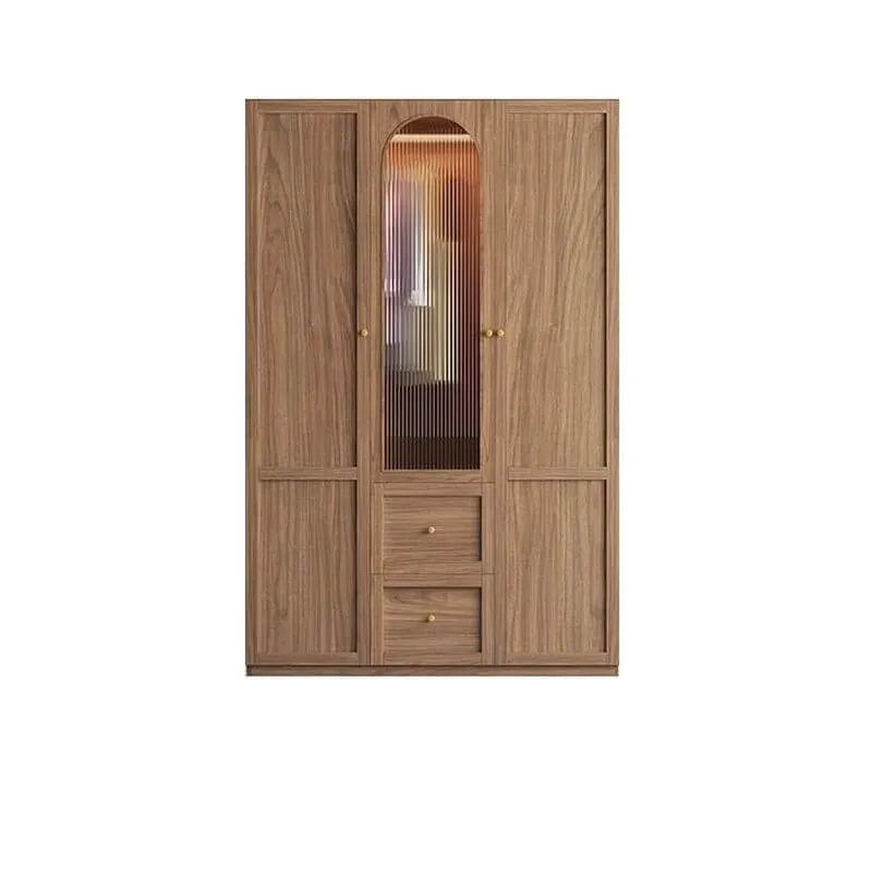 Paneled Wood Wardrobe Wall Armoire With Fluted Glass Storage