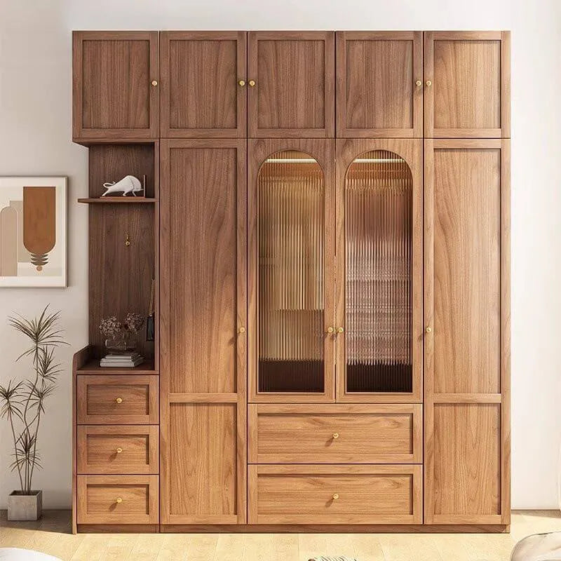 Paneled Wood Wardrobe Wall Armoire With Fluted Glass Storage Main Product Image