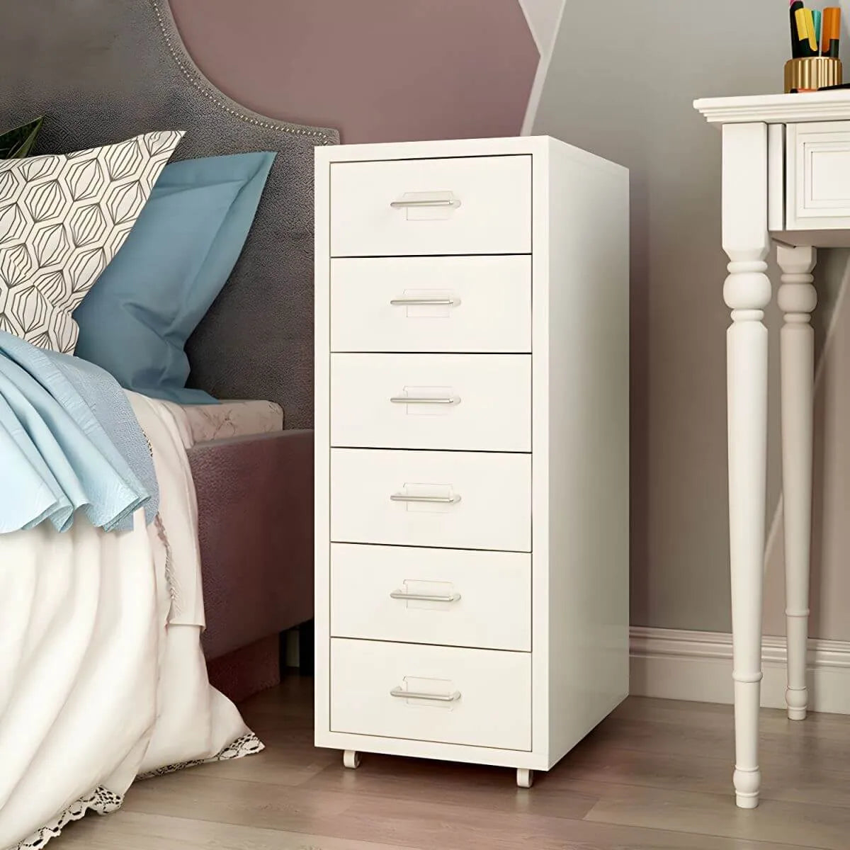 Pastel Steel Mobile File Cabinet With Casters and Vertical Storage