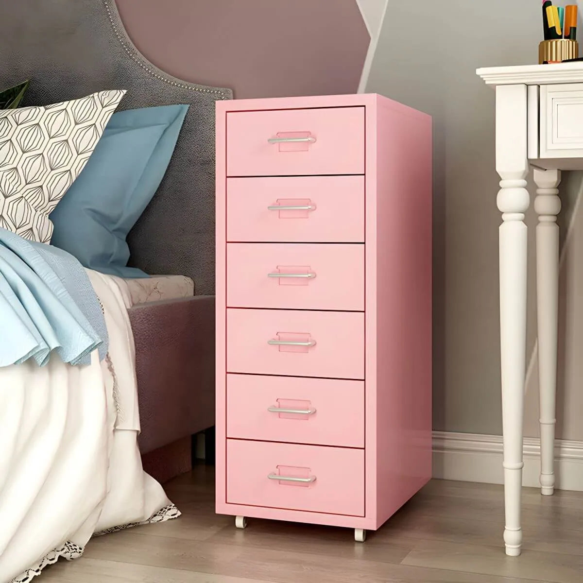 Pastel Steel Mobile File Cabinet With Casters and Vertical Storage