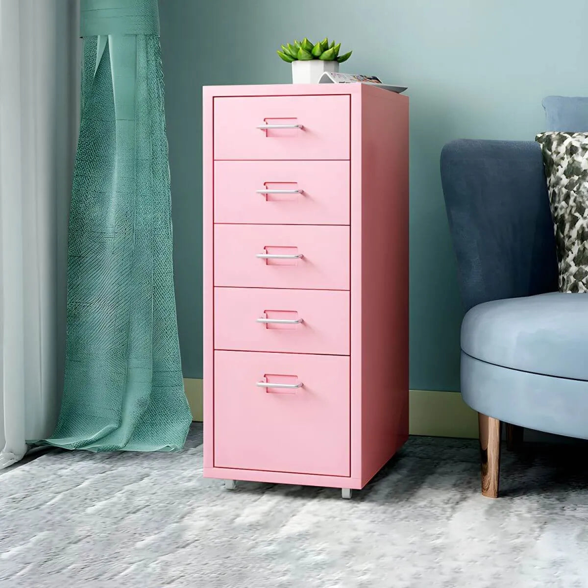 Pastel Steel Mobile File Cabinet With Casters and Vertical Storage