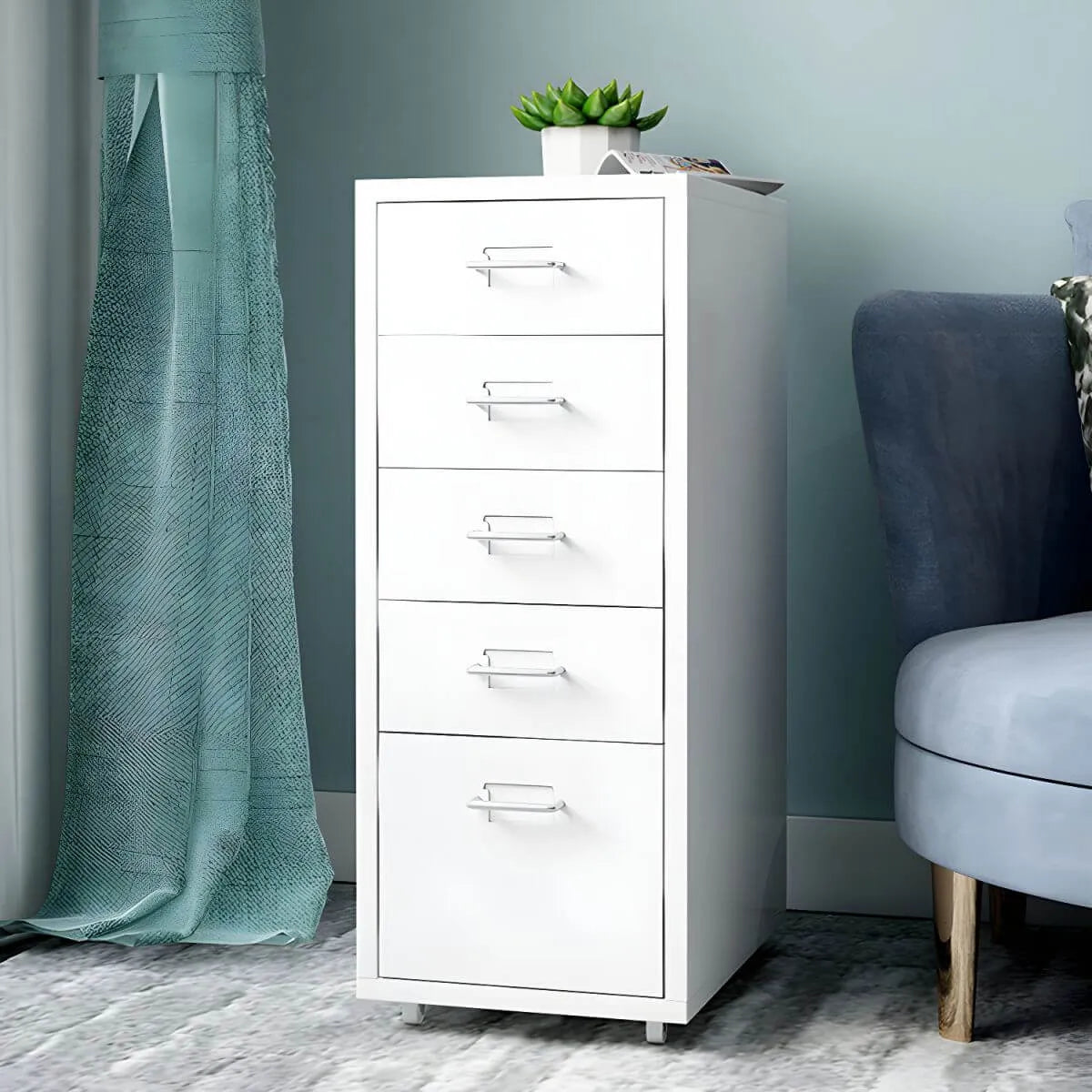 Pastel Steel Mobile File Cabinet With Casters and Vertical Storage