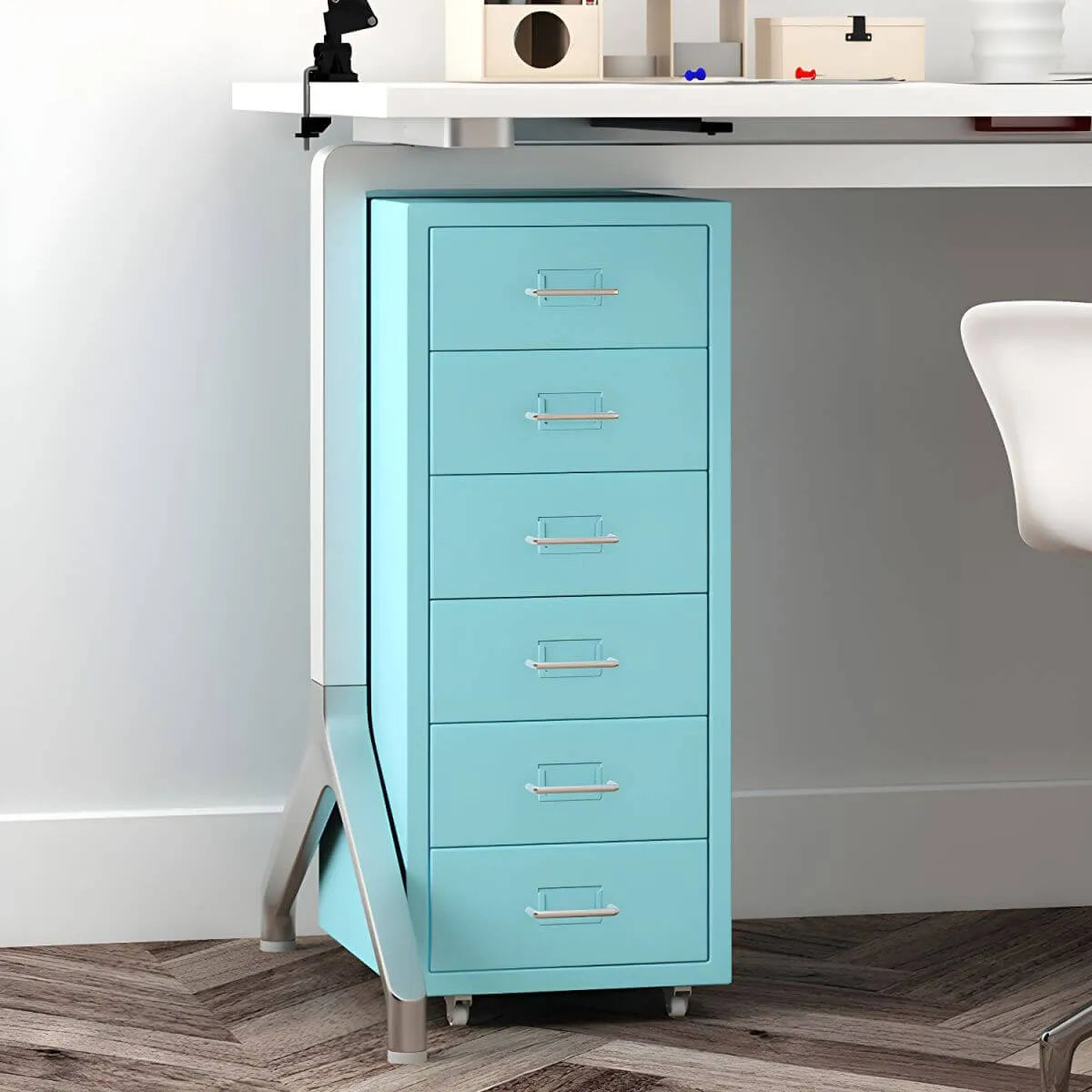 Pastel Steel Mobile File Cabinet With Casters and Vertical Storage